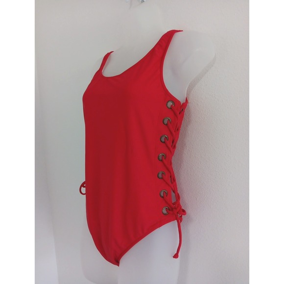 Vintage 80s Womens One Piece Swimsuit 12 Red High‎ Cut Sexy Baywatch Open Sides - Picture 2 of 12